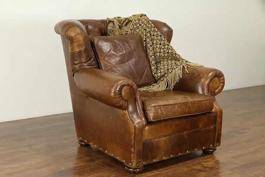 Main image of Leather Wing Back Large Tufted Chair & Pillow, Signed Mitchell Gold