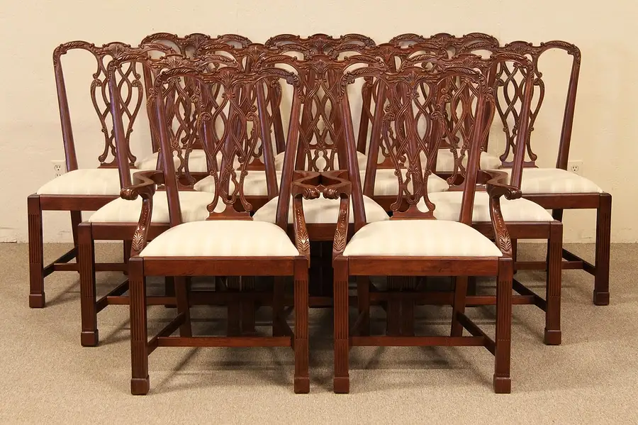 Main image of Set of 12 Pierced and Hand Carved Mahogany Chairs