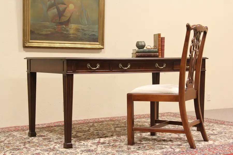 Main image of Mahogany Vintage Writing Desk, Gold Tooled Leather