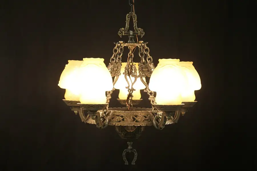 Main image of Antique 1920's Moe Chandelier, Damaged Art Deco Shades