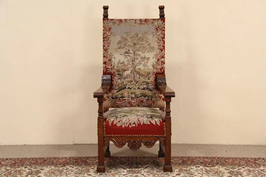 Main image of Oak & Needlepoint Antique 1890 Throne, Host or Hall Chair