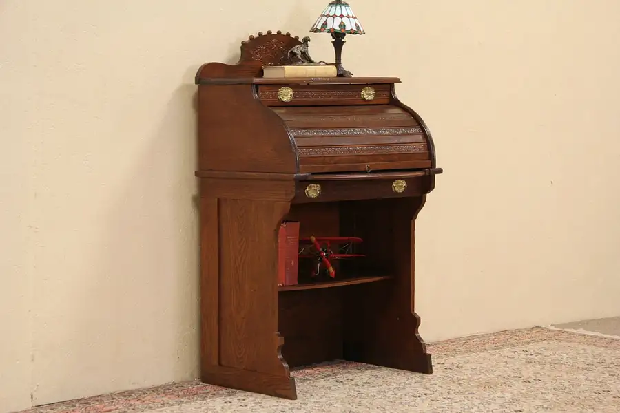 Main image of Child Size 1900 Antique Oak Rolltop Desk, Original Hardware