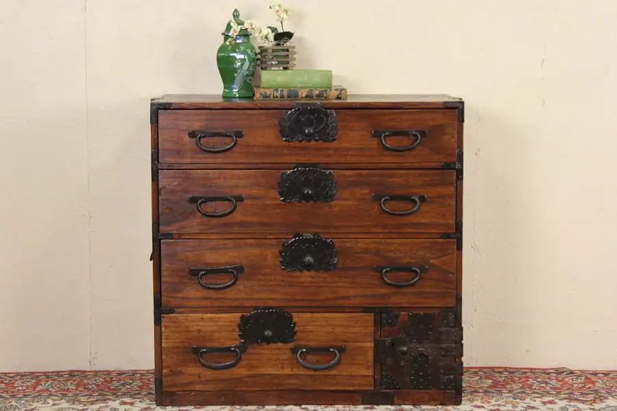 Main image of Chinese Antique Tansu 1900 Pine Campaign Chest, Wrought Iron Mounts