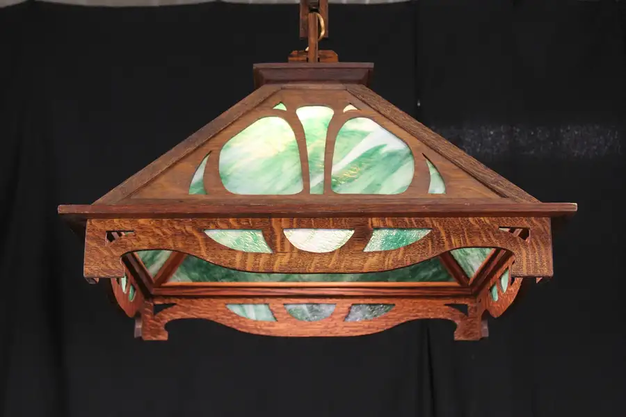 Main image of Arts & Crafts Mission Oak 1905 Stained Glass Pendant Chandelier Light Fixture