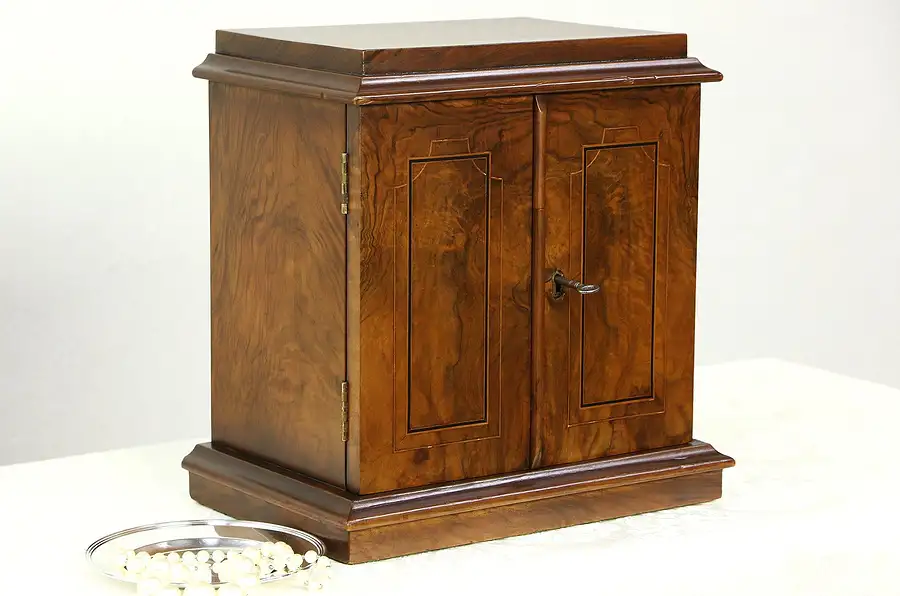 Main image of English Antique Burl Jewelry Chest or Collector Cabinet