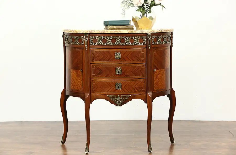 Main image of Rosewood Demilune Half Oval Vintage French Hall Console Table, Marble Top