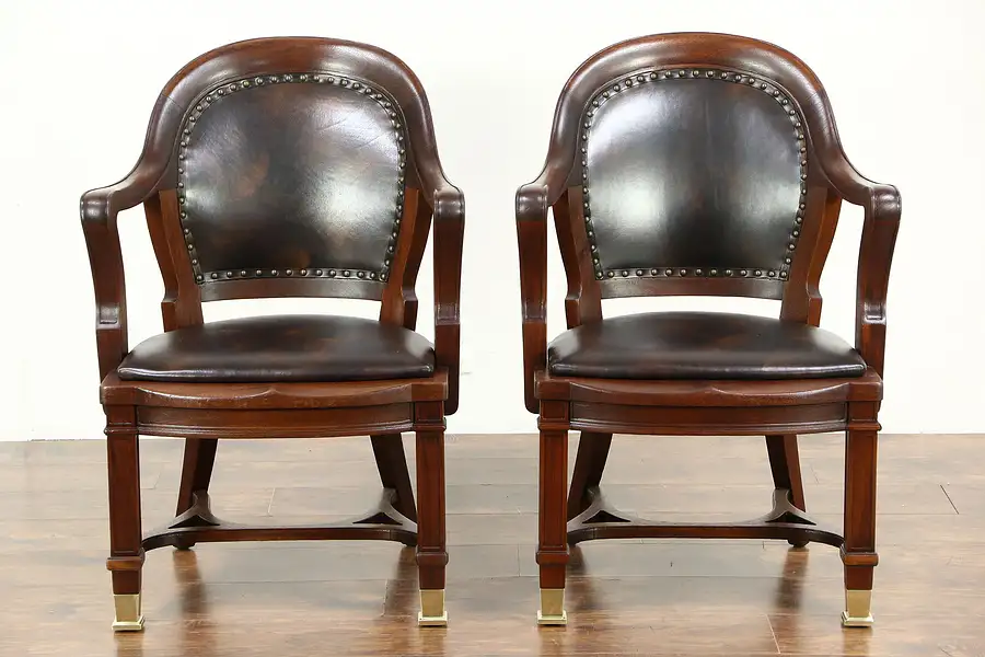 Main image of Pair 1910 Antique Carved Mahogany Executive or Library Chairs, New Leather