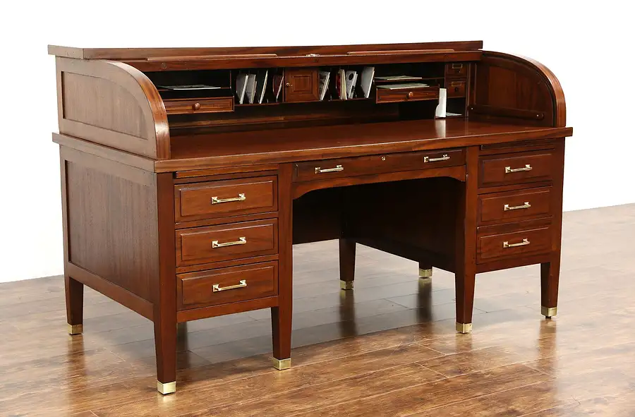 Main image of Mahogany 1900 Antique 6' Roll Top Desk, Signed West of Milwaukee, Brass Mounts
