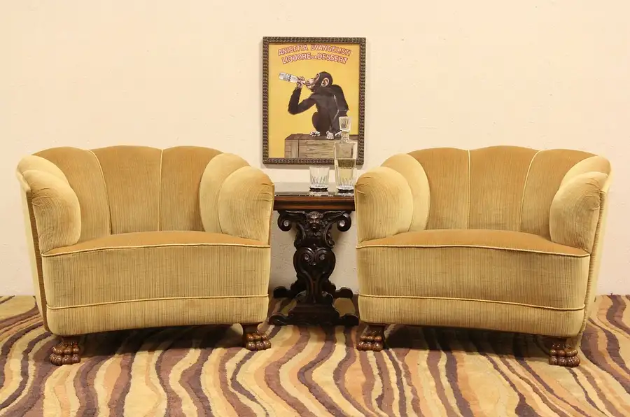 Main image of Pair of Art Deco 1930's Curved Club Chairs, Paw Feet