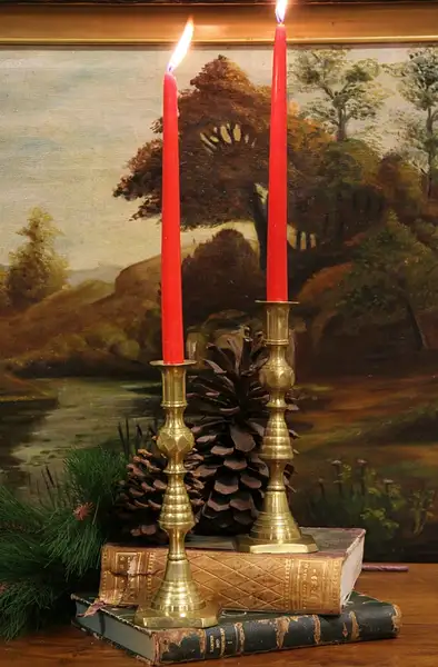 Main image of Pair 1840 Antique English Beehive Brass Candlesticks
