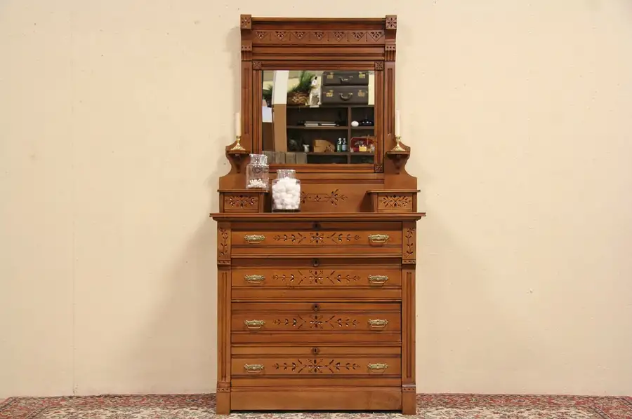 Main image of Eastlake 1880's Antique Dresser or Chest, Candle Stands & Mirror