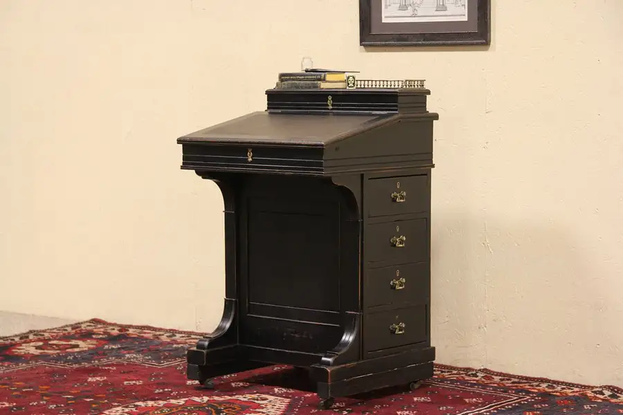 Main image of English 1880 Antique Davenport or Ship Captain Desk, Leather Top