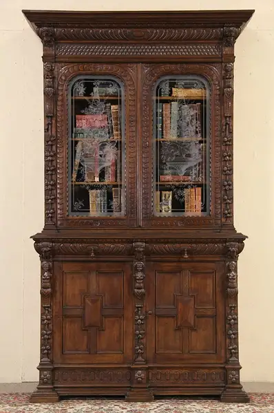 Main image of Renaissance Oak Antique 1880 French Dowry Cabinet or Bookcase