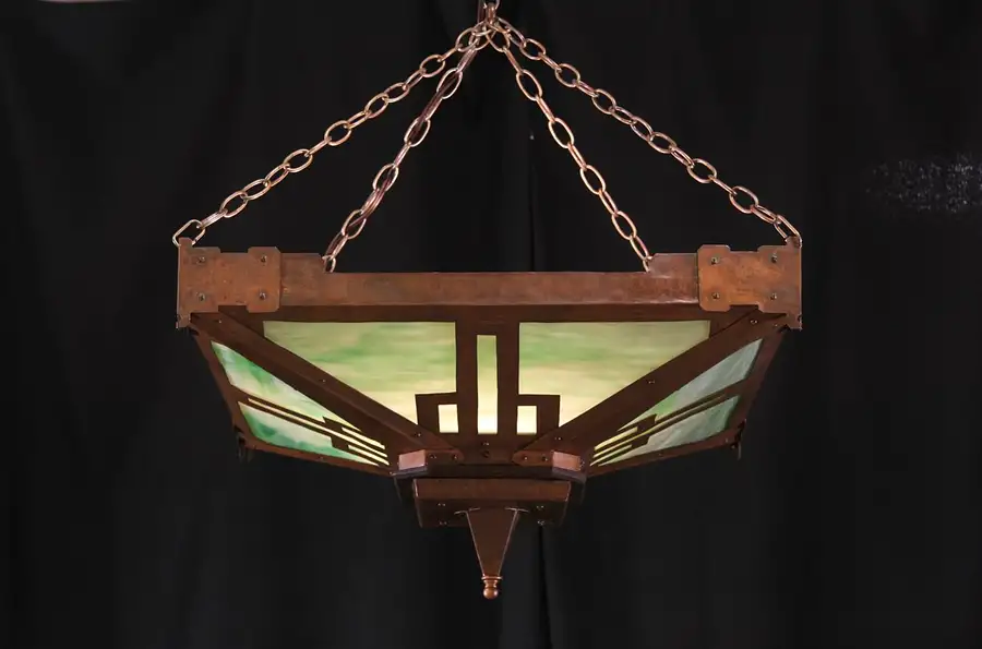 Main image of Arts & Crafts Mission Copper & Stained Glass 1905 Antique Light Fixture