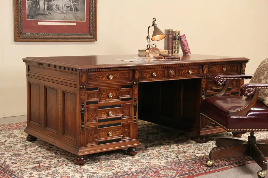 Main image of Stow Davis 1920's Executive Desk, Walnut & Ebony Marquetry, Burl & Banding