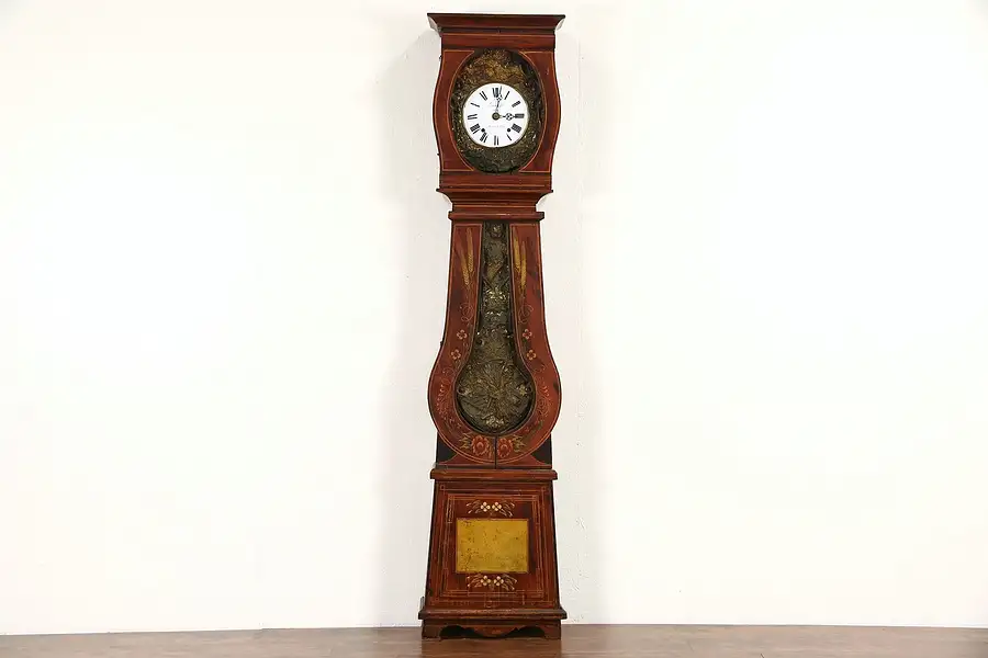 Main image of French Long Case or Grandfather Antique 1870's Morbier Clock, Painted & Signed