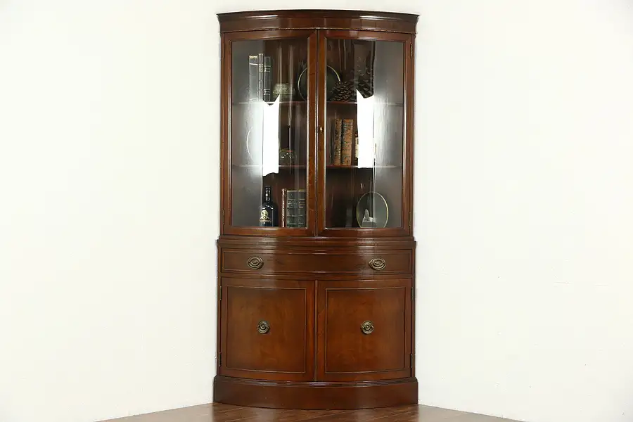 Main image of Corner Cabinet, Curved Glass, Traditional Vintage Cupboard Signed R Way