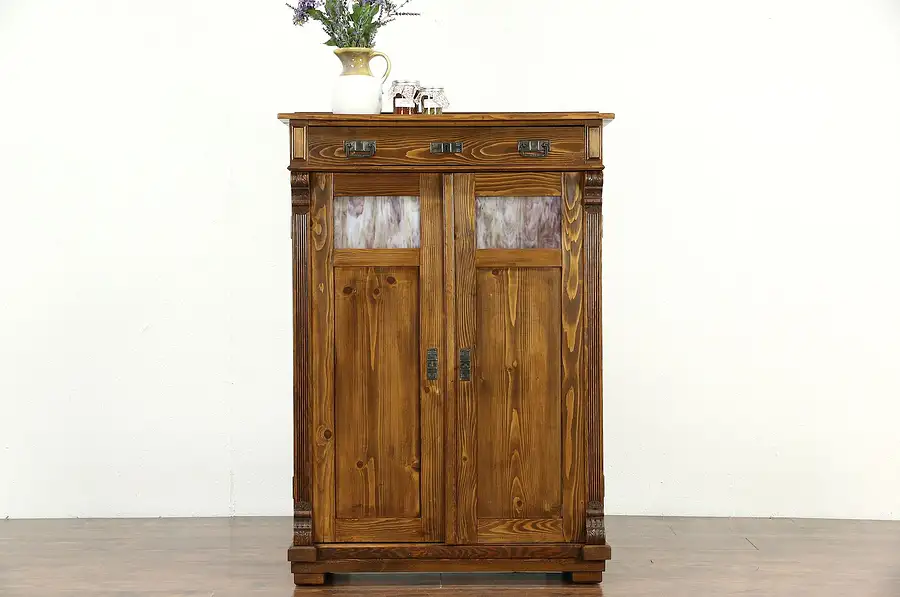 Main image of German Arts & Crafts Antique 1900 Pine Pantry Jelly Cupboard, Stained Glass