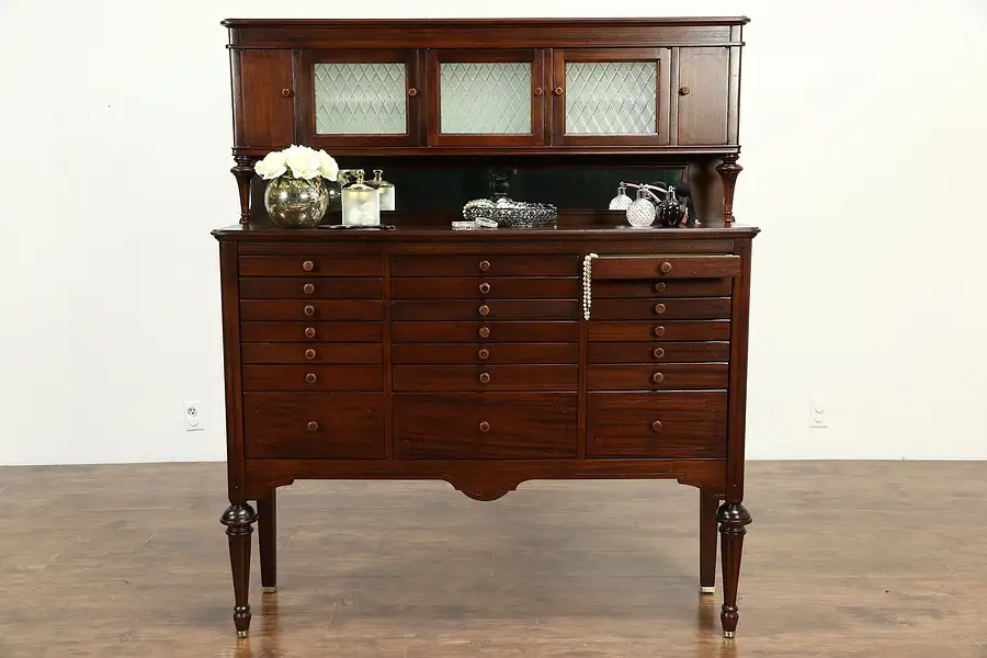 Main image of Dentist, Jewelry or Collector Cabinet, Mahogany 1915 Dental Antique, 21 Drawers