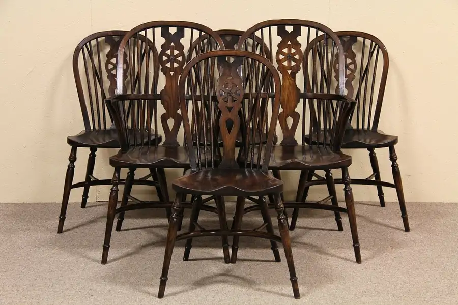 Main image of English Carved Set of 6 Windsor Dining Chairs