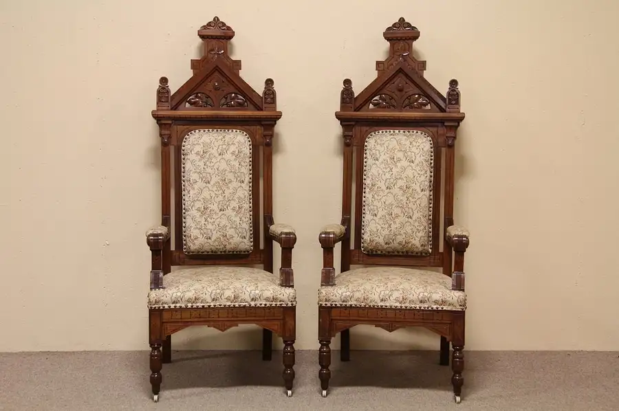 Main image of Pair of Victorian Gothic Throne or Hall Chairs