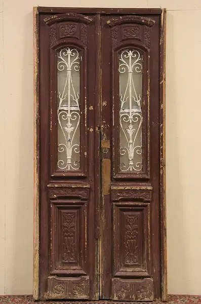 Main image of Pair of Architectural Salvage French Pine 1870 Antique Doors, Iron Grills