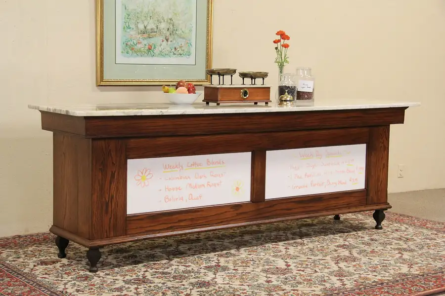 Main image of Marble Top 1895 Oak Antique Store Counter, Kitchen Island