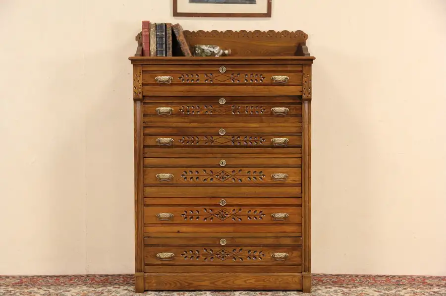 Main image of Victorian Eastlake 1885 Antique Ash & Oak Spoon Carved Tall Chest