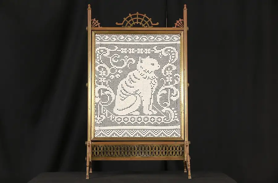 Main image of Bronze 1870 Antique Fireplace Screen, Crochet Cat Needlework