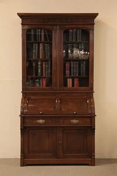 Main image of Cylinder Roll Victorian Secretary Desk, Bookcase Top