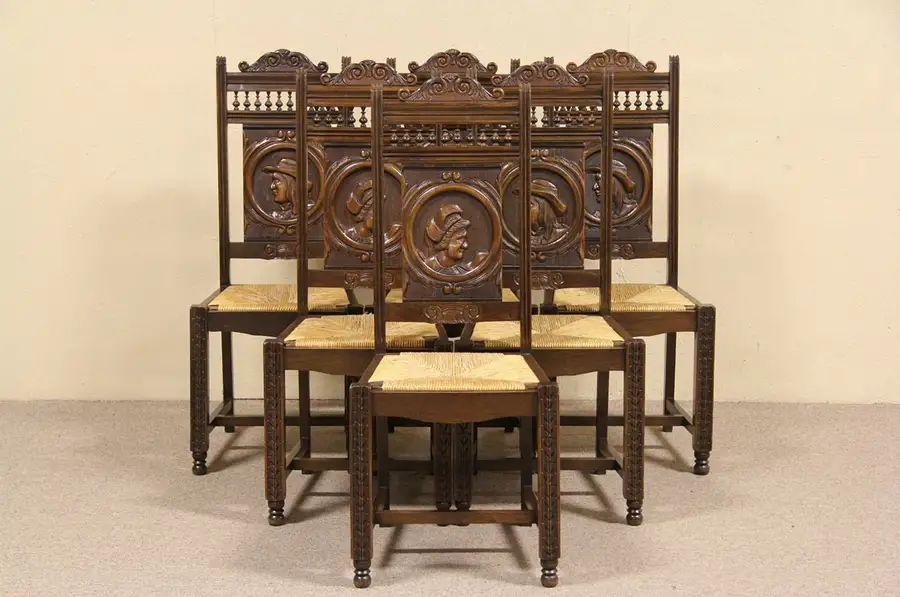 Main image of Set of 6 Brittany Carved Oak Antique 1900 Dining Chairs
