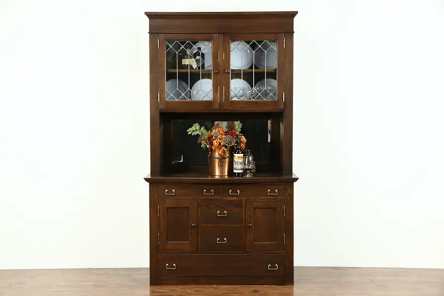 Main image of Oak 1900 Antique Pantry Cabinet, Sideboard & China, Leaded Glass Doors