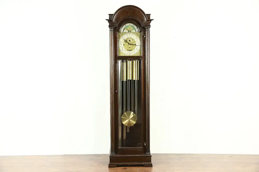 Main image of German 1910 Antique Long Case Grandfather Clock, 5 Tube Chime, Signed Bauerle