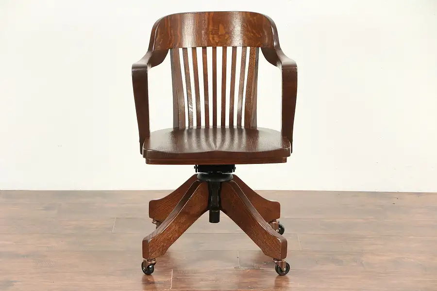 Main image of Oak Antique Swivel Adjustable Office Desk Chair, Signed Crocker