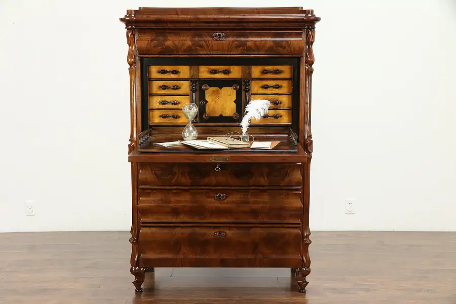 Main image of Biedermeier Antique German Mahogany & Rosewood Secretary Desk, Signed