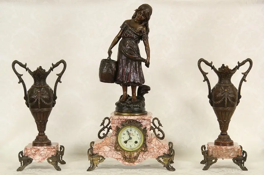 Main image of French 1890's 3 Pc. Marble Clock Set, Moreau Cosette Les Mis Sculpture