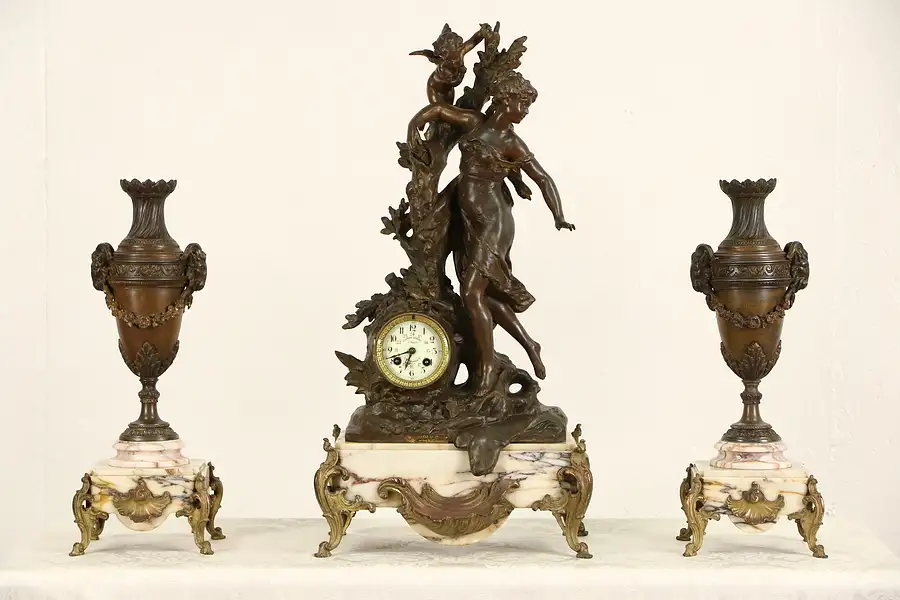Main image of French Marble 1890's Antique Mantel Clock Set, Sculpture Signed M. Moreau
