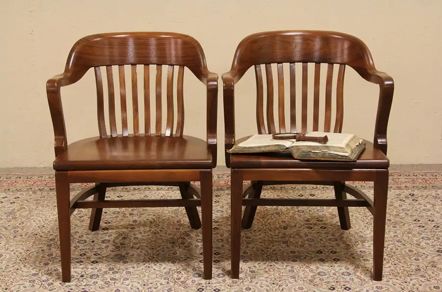 Main image of Pair of Antique Walnut Banker's Armchairs, circa 1915, Signed Gunlocke