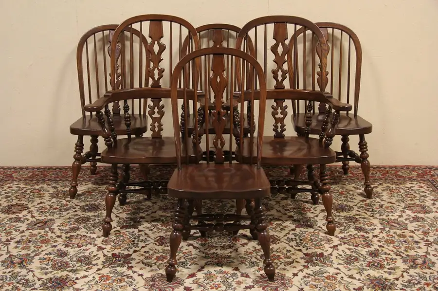 Main image of Set of 6 Ethan Allen Vintage Oak Windsor Dining Chairs, American Traditional