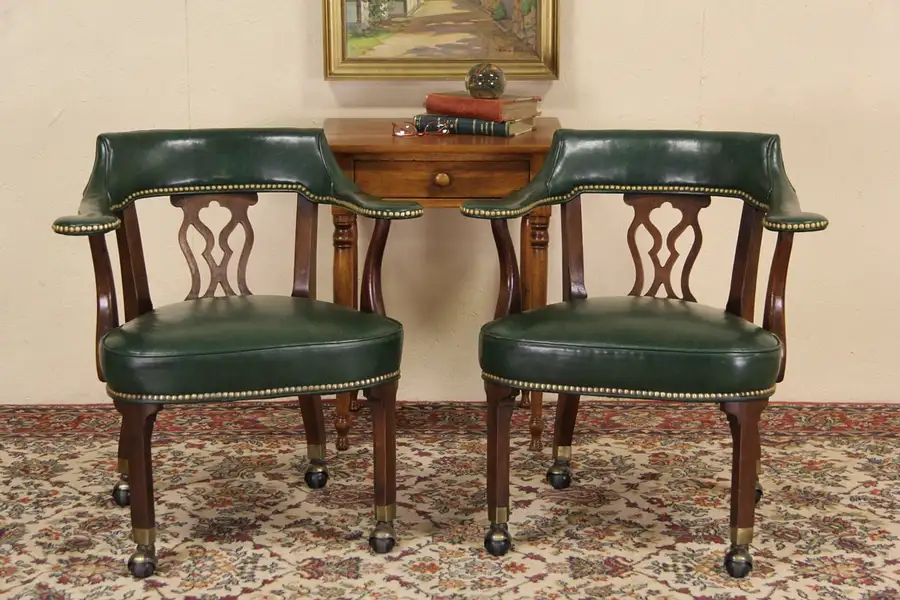 Main image of Pair of Hickory Chair Vintage Leather Rolling Club Chairs