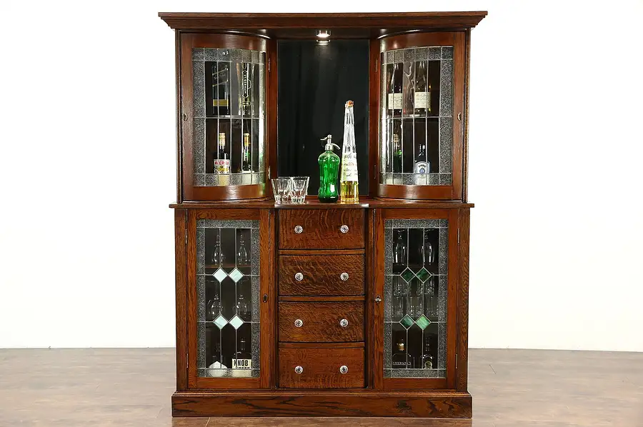 Main image of Oak 1900 Antique Back Bar or China Cabinet, Leaded Stained Glass, Beveled Mirror