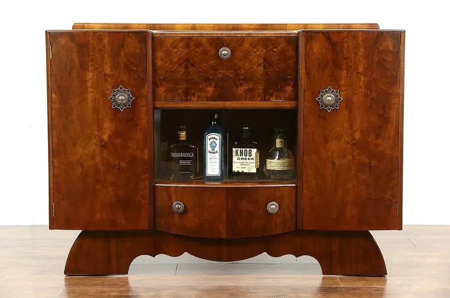 Main image of Art Deco English Walnut 1940 Vintage Bar Cabinet, Signed "Hubbinet"
