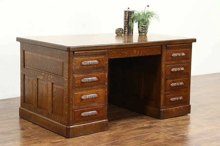 Main image of Quarter Sawn Oak 1900 Antique Library or Office Desk, Raised Panels, Carved Pull