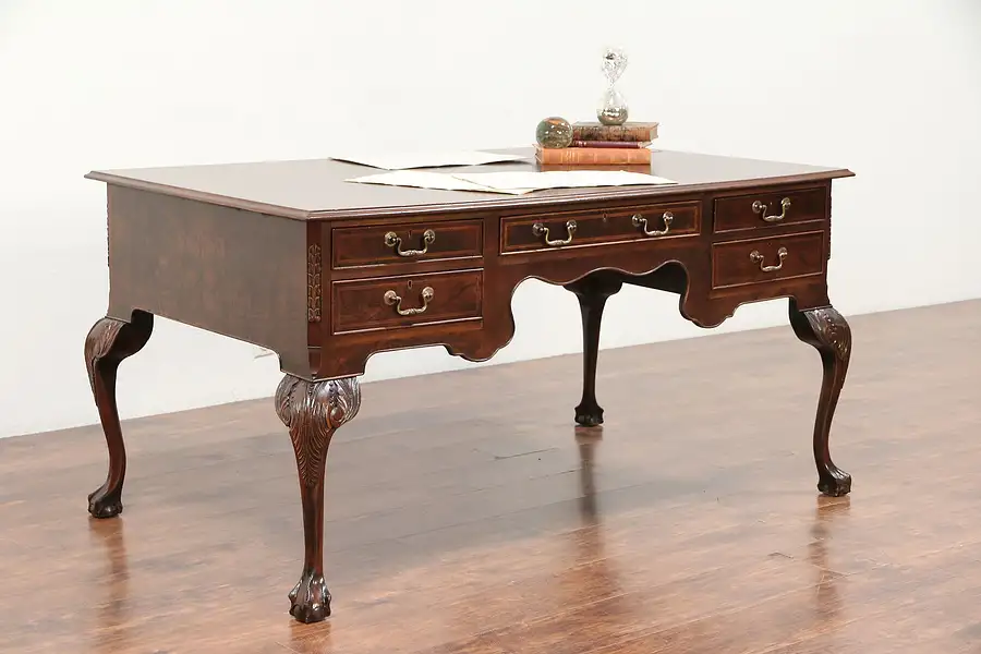 Main image of Georgian Style Vintage Mahogany & Burl Library Desk, England
