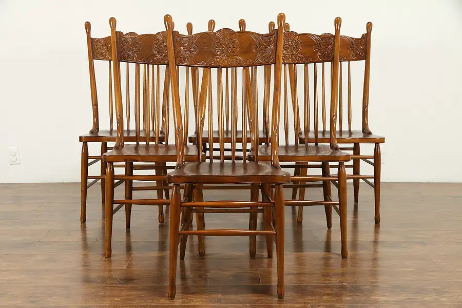 Main image of Set of 6 Victorian Antique Press Back Carved Oak Dining Chairs