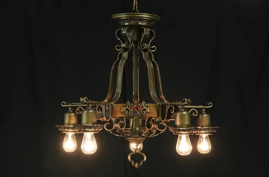 Main image of English Tudor Light Fixture Hand Painted 1920's Chandelier