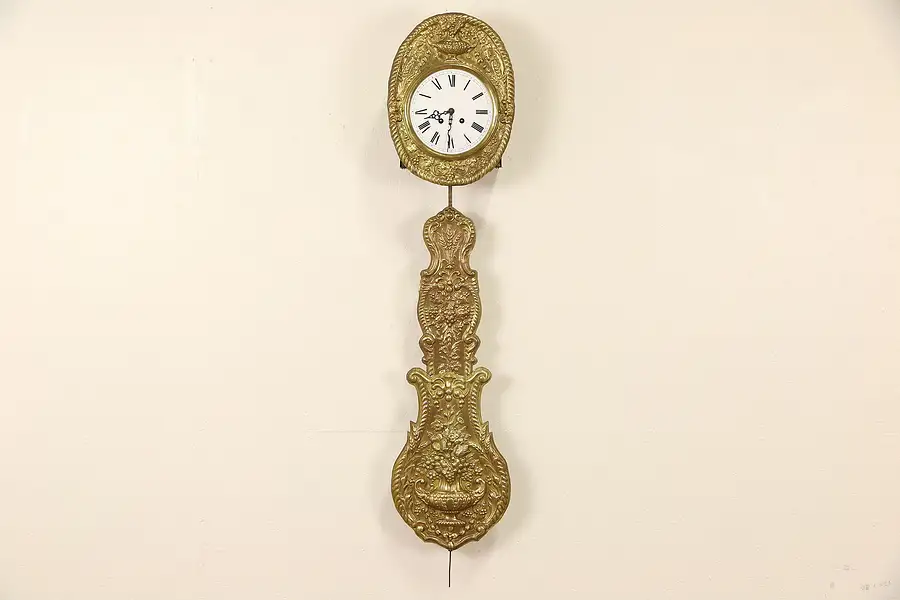Main image of French Morbier Vintage Wall Clock, Brass Grapevine Motif