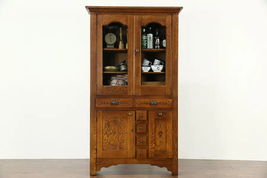 Main image of Victorian Eastlake 1895 Antique Oak Pantry Cabinet Kitchen Cupboard, Flour Bin
