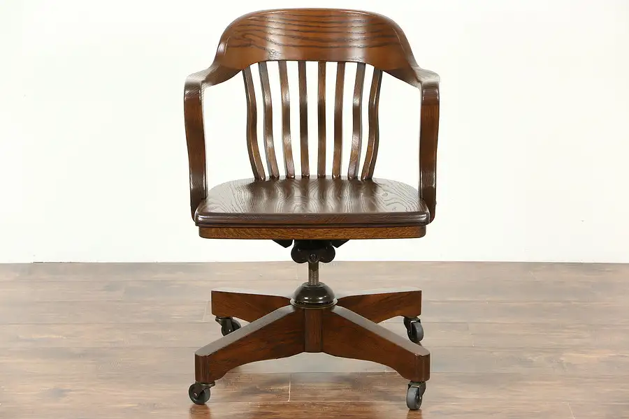 Main image of Oak Swivel Adjustable 1950's Vintage Desk Chair, Signed Jasper