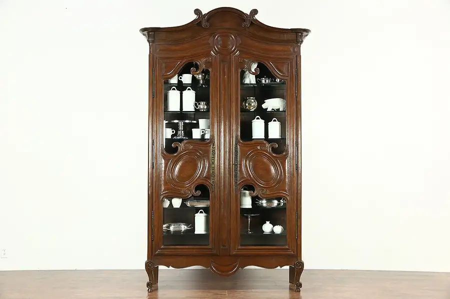 Main image of Country French 1800 Antique Oak Curio or China Display Cabinet, Beveled Glass